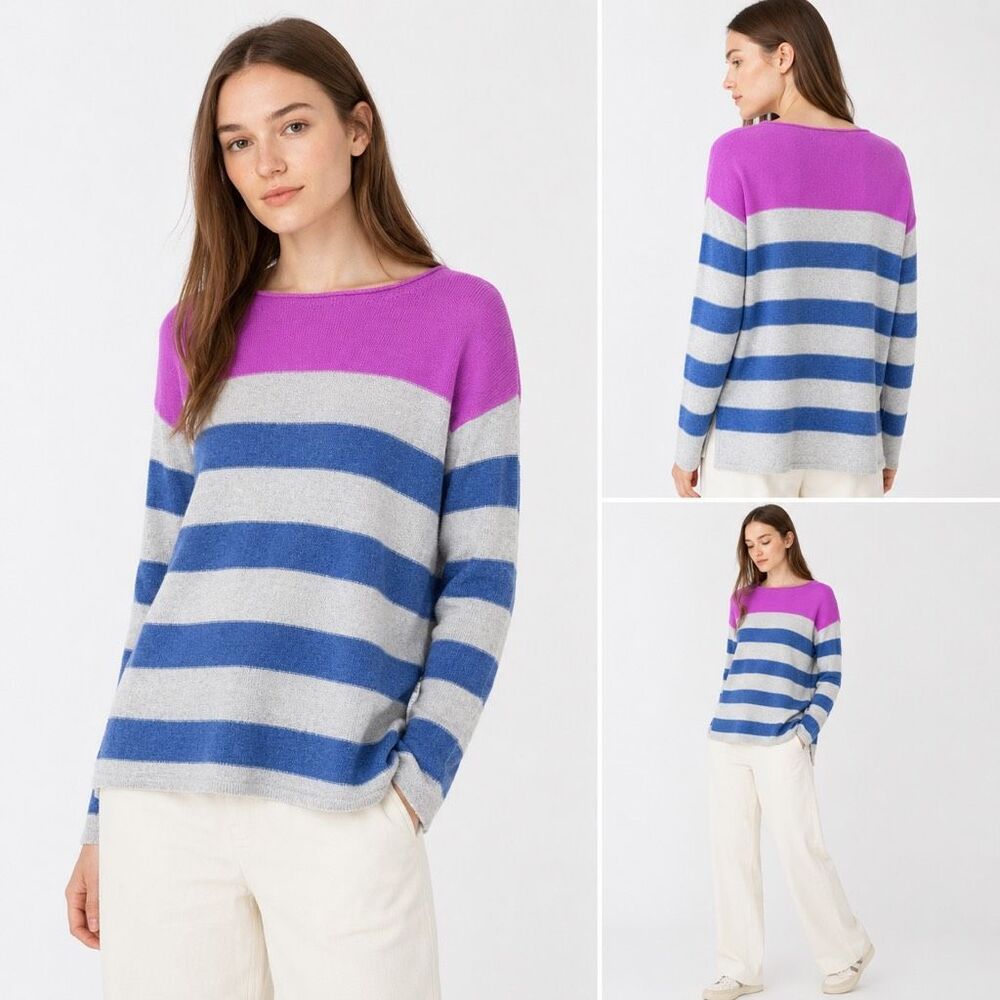 Kinross Cashmere Color-Block Striped Boat Neck Sweater, Grey Blue Stripe Size L